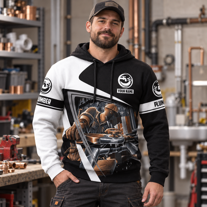 Personalized plumber hoodie featuring black white plumber at work all-over print, worn by a model
