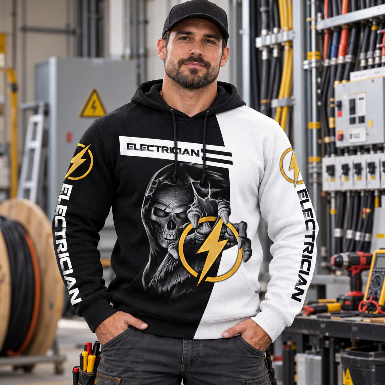 Personalized electrician hoodie featuring lightning skull all-over print, worn by a model