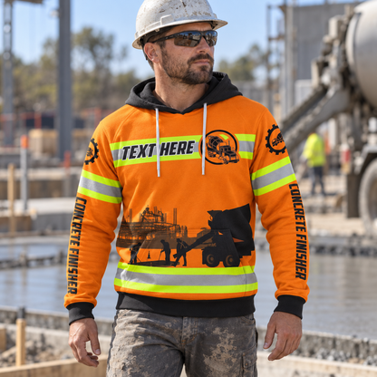 Concrete finisher hoodie featuring orange concrete crew and nine to five quote all-over print, worn by a model
