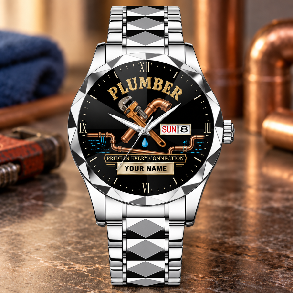 Personalized Plumber Crystal Metal Watch - Faceted Legacy - Steel