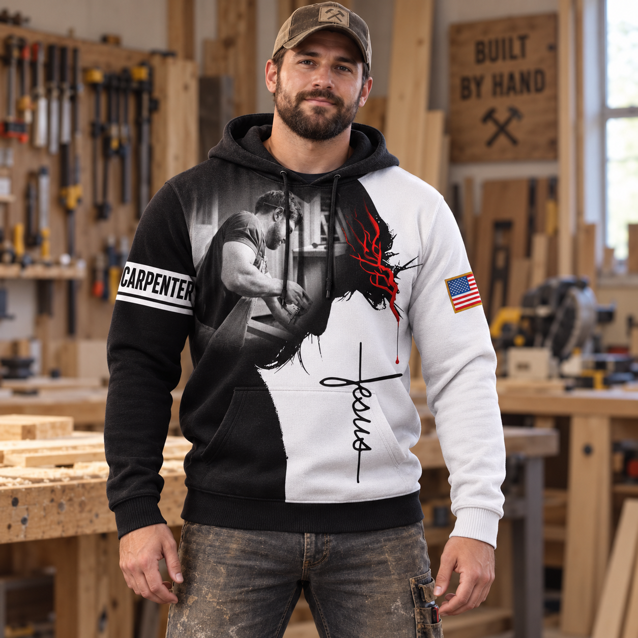 Personalized carpenter hoodie featuring black white jesus portrait all-over print, worn by a model