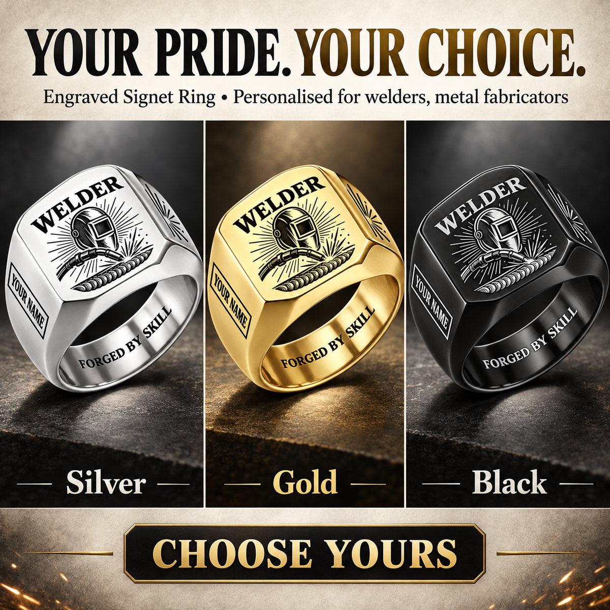 Personalized Welder Engraved Signet Ring - Sunburst Legacy - advertising image