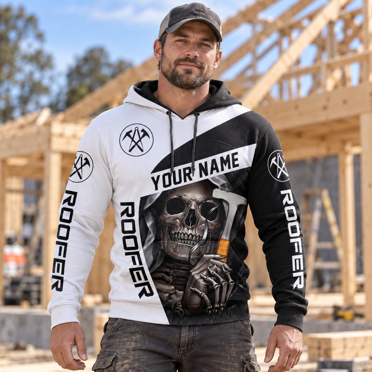 Roofer hoodie featuring black white roofer skull all-over print, worn by a model