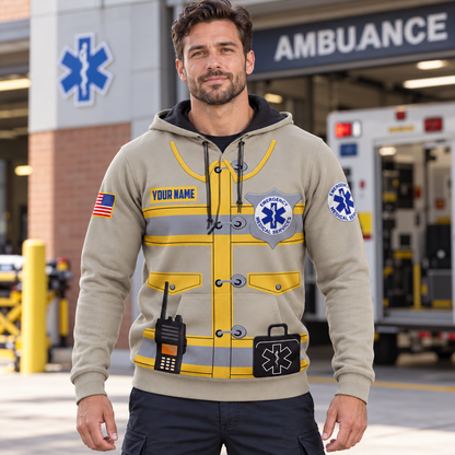 Personalized EMS paramedic hoodie featuring tan ems uniform print all-over print, worn by a model