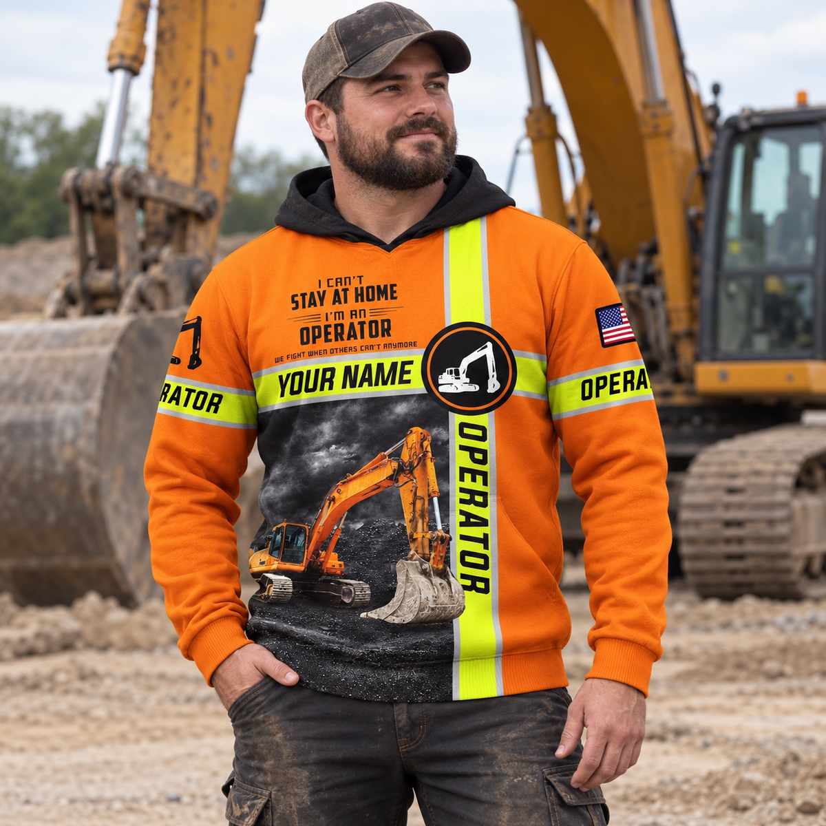 Personalized excavator operator hoodie featuring orange excavator operator quote all-over print, worn by a model