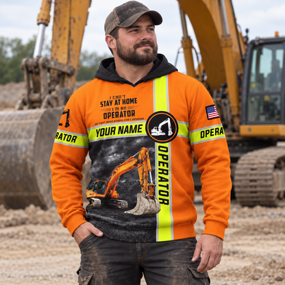 Personalized excavator operator hoodie featuring orange excavator operator quote all-over print, worn by a model