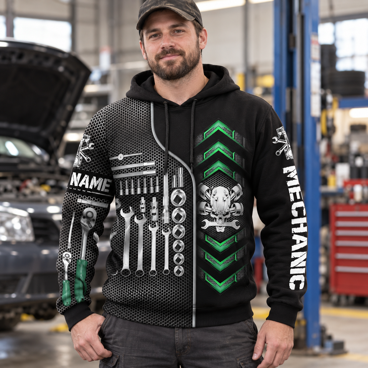 Personalized mechanic hoodie featuring skull tool box all-over print, worn by a model