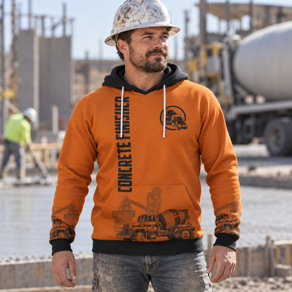Concrete finisher hoodie featuring orange concrete mixer and engineers quote all-over print, worn by a model