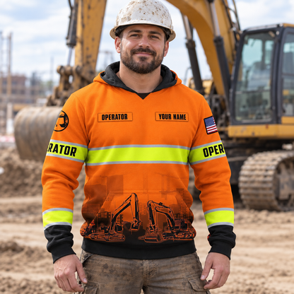 Personalized excavator operator hoodie featuring orange stripe print excavator fleet all-over print, worn by a model