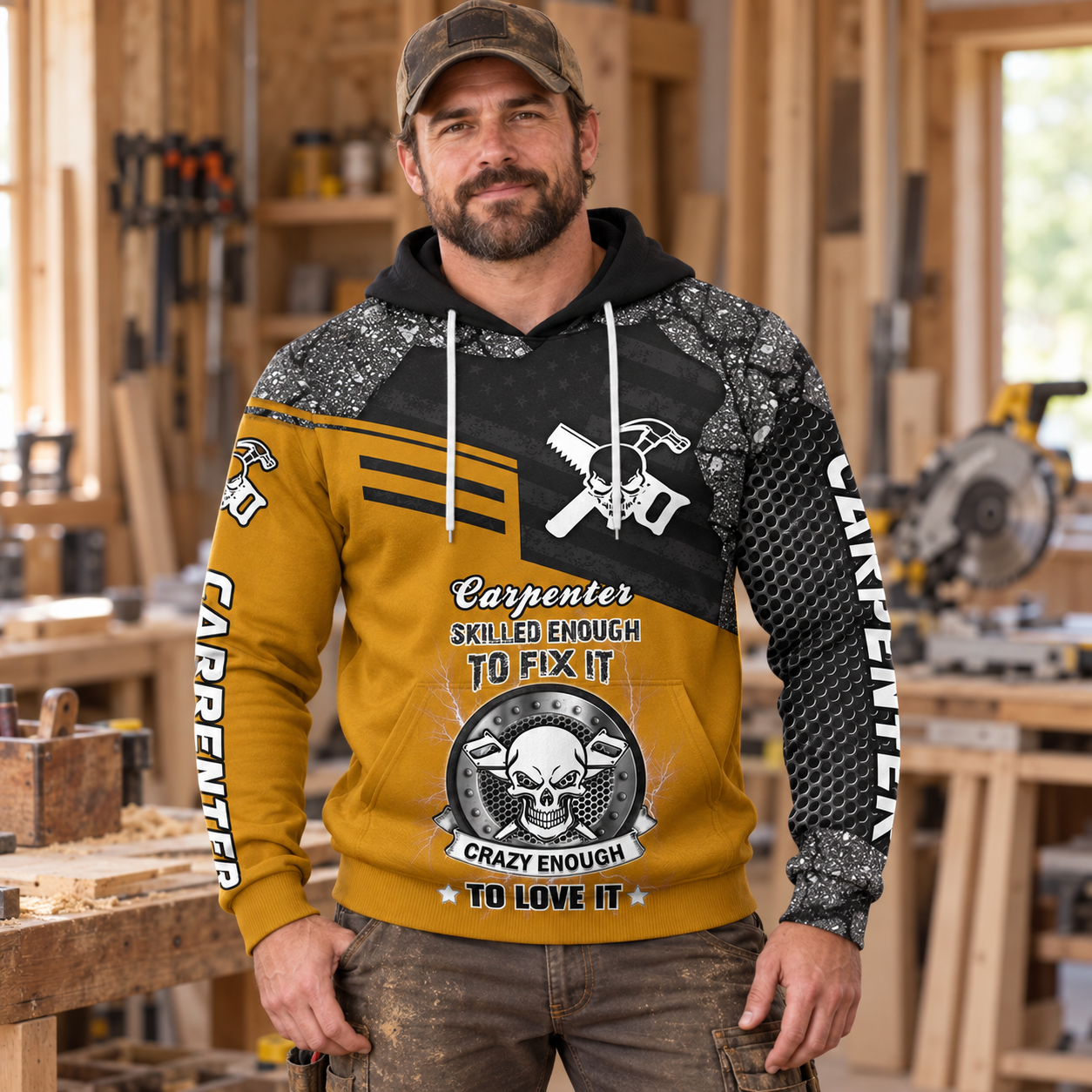 Personalized carpenter hoodie featuring yellow black carpenter skull quote all-over print, worn by a model
