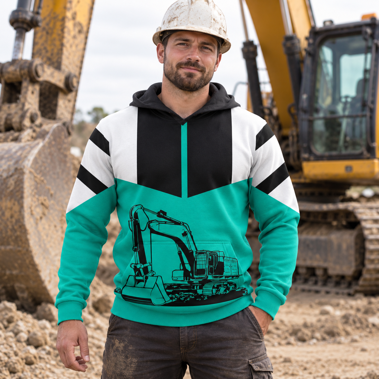 Personalized excavator operator hoodie featuring teal black excavator all-over print, worn by a model
