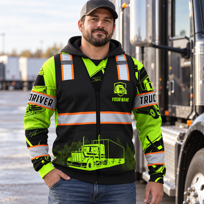 Personalized trucker hoodie featuring black vest print neon yellow sleeves all-over print, worn by a model