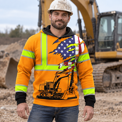 Personalized excavator operator hoodie featuring orange american flag excavator all-over print, worn by a model