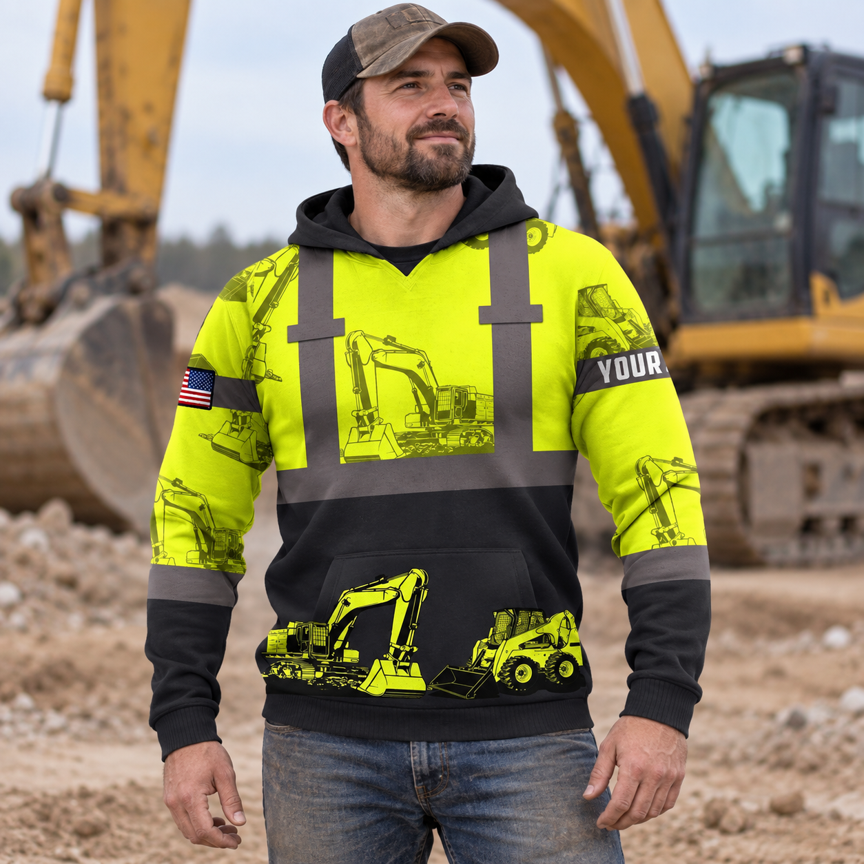 Personalized excavator operator hoodie featuring yellow black heavy equipment panels all-over print, worn by a model