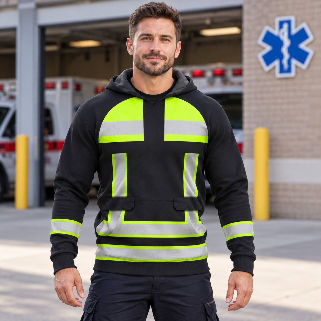 Personalized EMS paramedic hoodie featuring black and yellow vest print all-over print, worn by a model