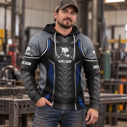 Personalized welder hoodie featuring black blue welding armour print all-over print, worn by a model