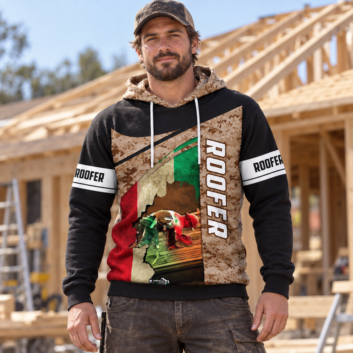 Roofer hoodie featuring brown mexican flag eagle all-over print, worn by a model
