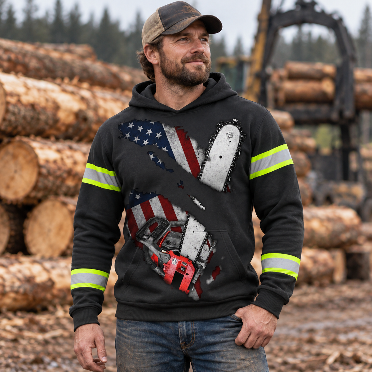 Personalized logger hoodie featuring black american flag crossed chainsaws all-over print, worn by a model