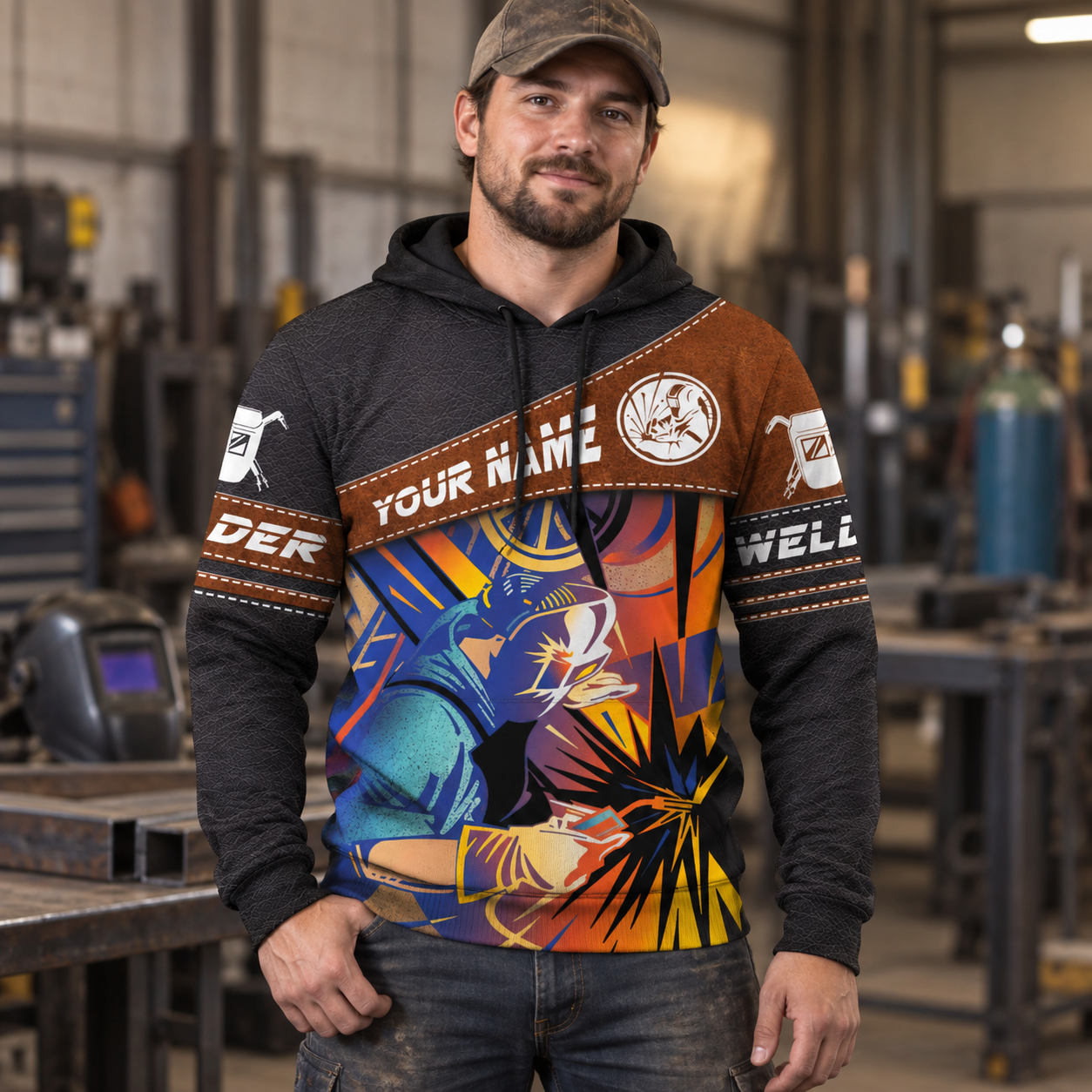 Personalized welder hoodie featuring brown panel colourful welding sparks all-over print, worn by a model