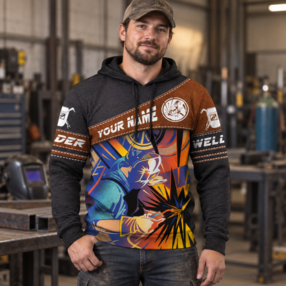 Personalized welder hoodie featuring brown panel colourful welding sparks all-over print, worn by a model