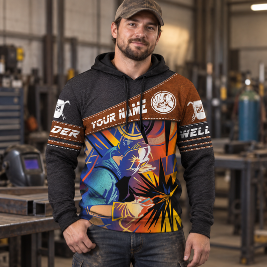 Personalized welder hoodie featuring brown panel colourful welding sparks all-over print, worn by a model