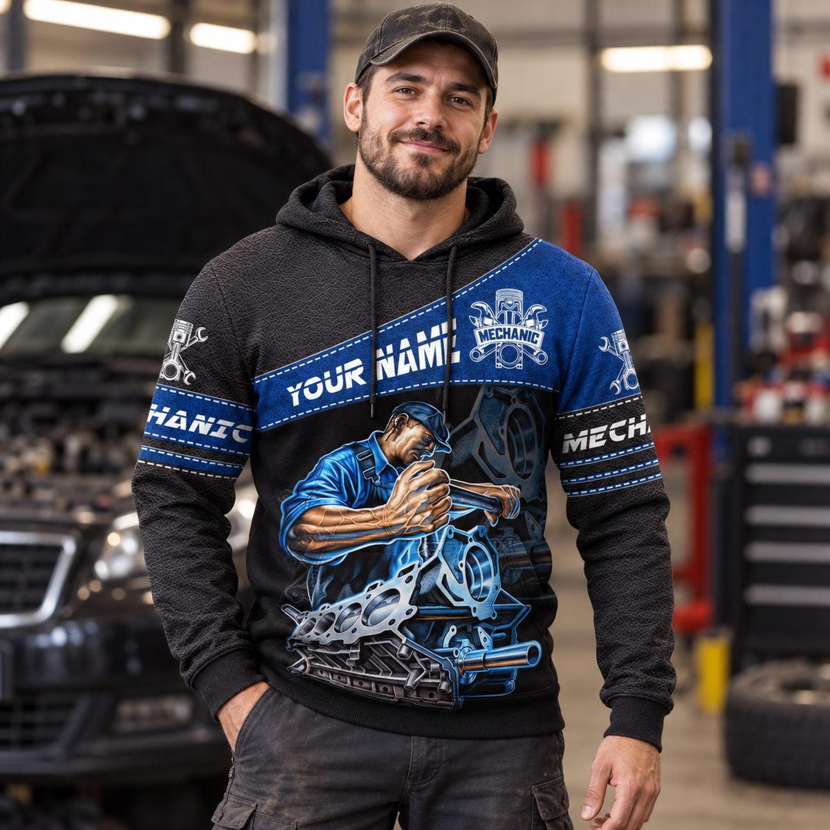 Personalized mechanic hoodie featuring blue engine repair illustration all-over print, worn by a model