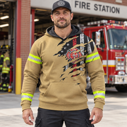 Personalized firefighter hoodie featuring tan distressed flag fire badge all-over print, worn by a model