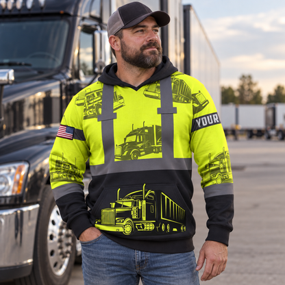 Personalized trucker hoodie featuring yellow black semi truck panels all-over print, worn by a model