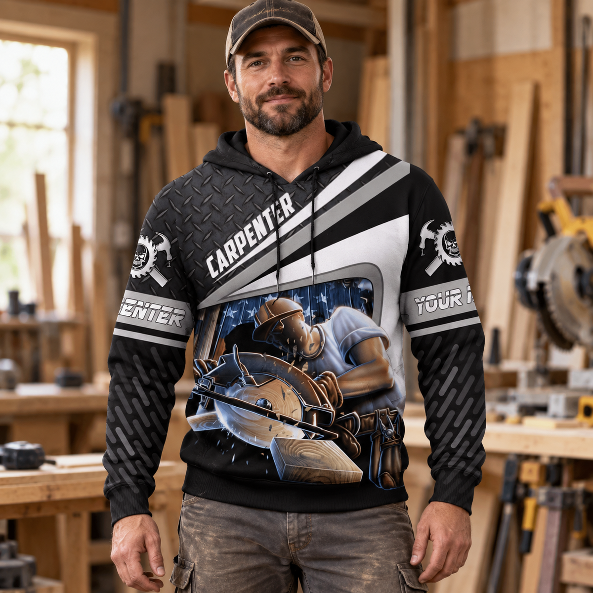 Personalized carpenter hoodie featuring black grey diagonal stripes circular saw all-over print, worn by a model
