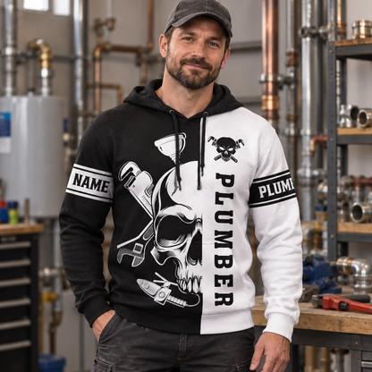 Personalized plumber hoodie featuring black white plumber skull all-over print, worn by a model