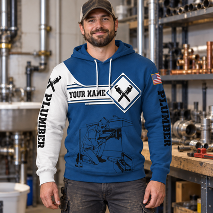 Personalized plumber hoodie featuring blue white plumbing tools all-over print, worn by a model