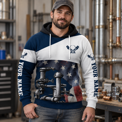 Personalized plumber hoodie featuring navy white american flag pipework all-over print, worn by a model