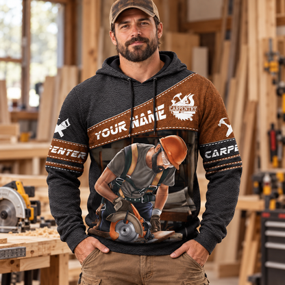 Personalized carpenter hoodie featuring brown leather tools all-over print, worn by a model