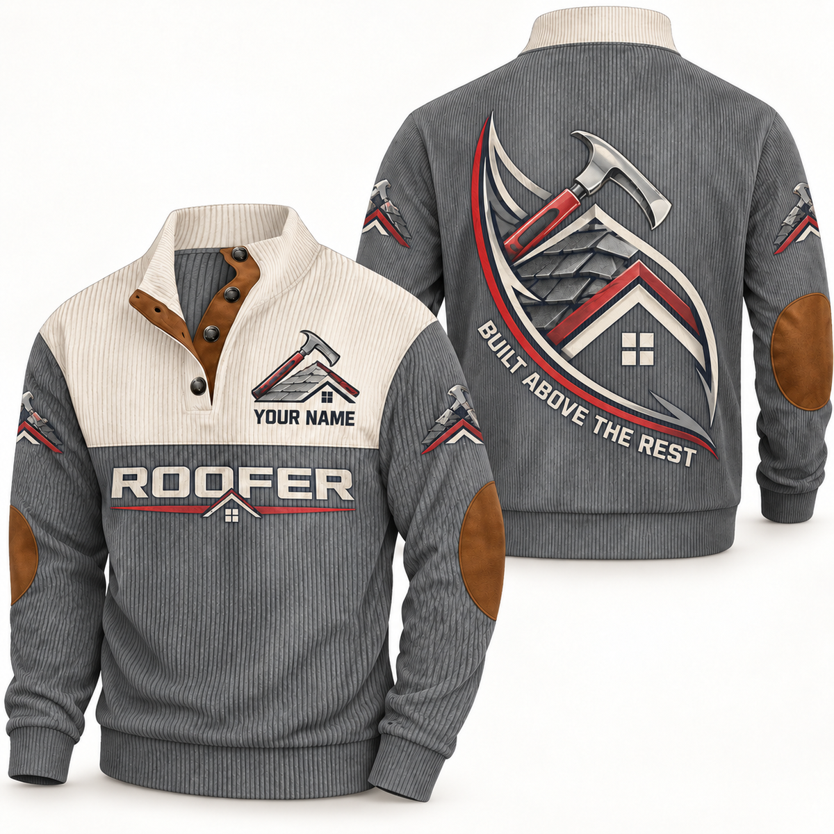 Personalized Roofer Sports Sweatshirt - Heritage Collar - Grey