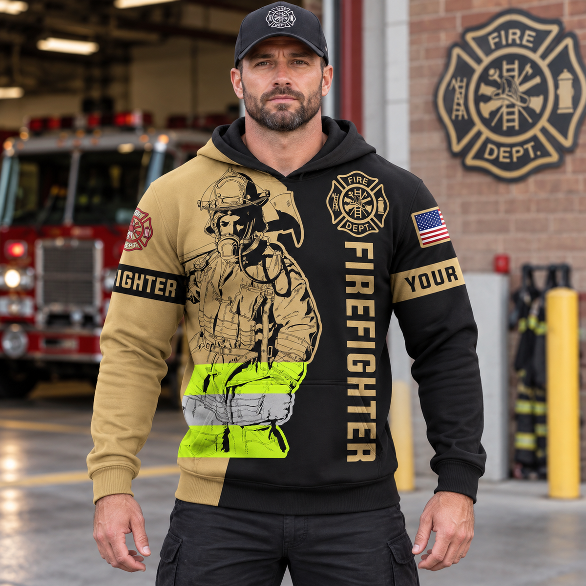Personalized firefighter hoodie featuring firefighter axe illustration all-over print, worn by a model