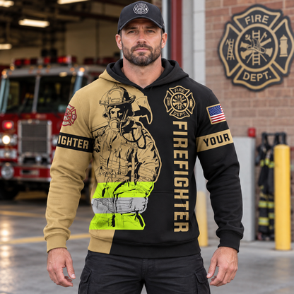 Personalized firefighter hoodie featuring firefighter axe illustration all-over print, worn by a model