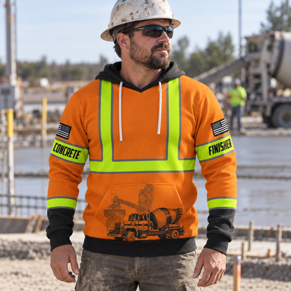 Concrete finisher hoodie featuring orange vest print and concrete finisher back lettering all-over print, worn by a model
