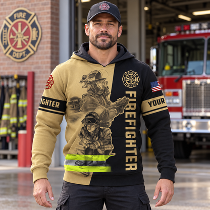 Personalized firefighter hoodie featuring firefighter team illustration all-over print, worn by a model
