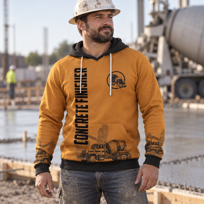 Concrete finisher hoodie featuring ochre concrete mixer illustration all-over print, worn by a model