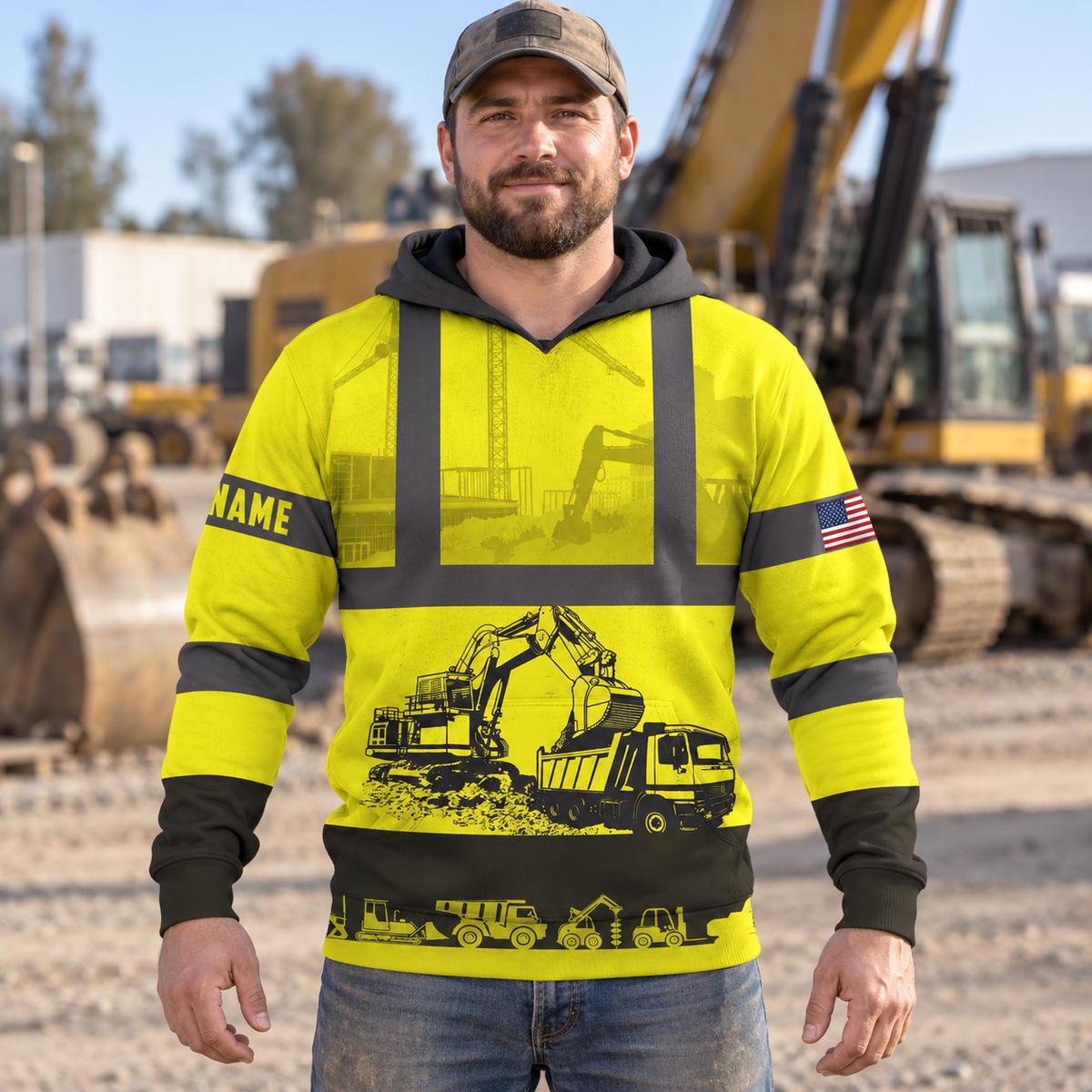 Personalized excavator operator hoodie featuring yellow construction equipment print all-over print, worn by a model