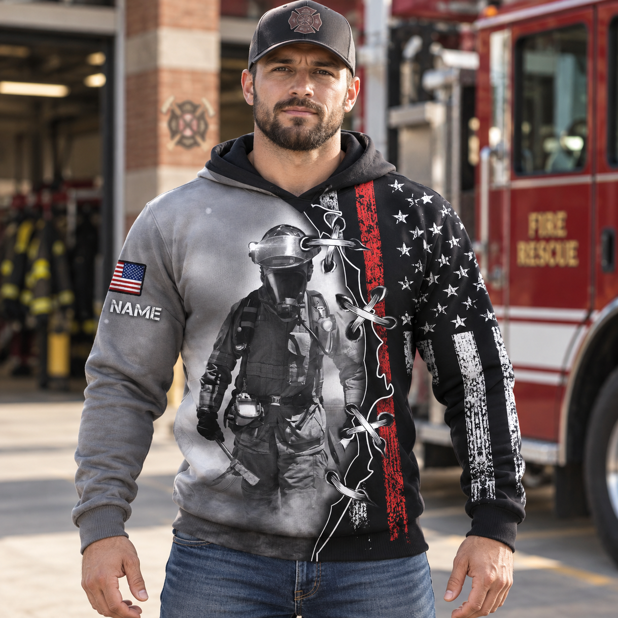Personalized firefighter hoodie featuring grey firefighter flag print all-over print, worn by a model