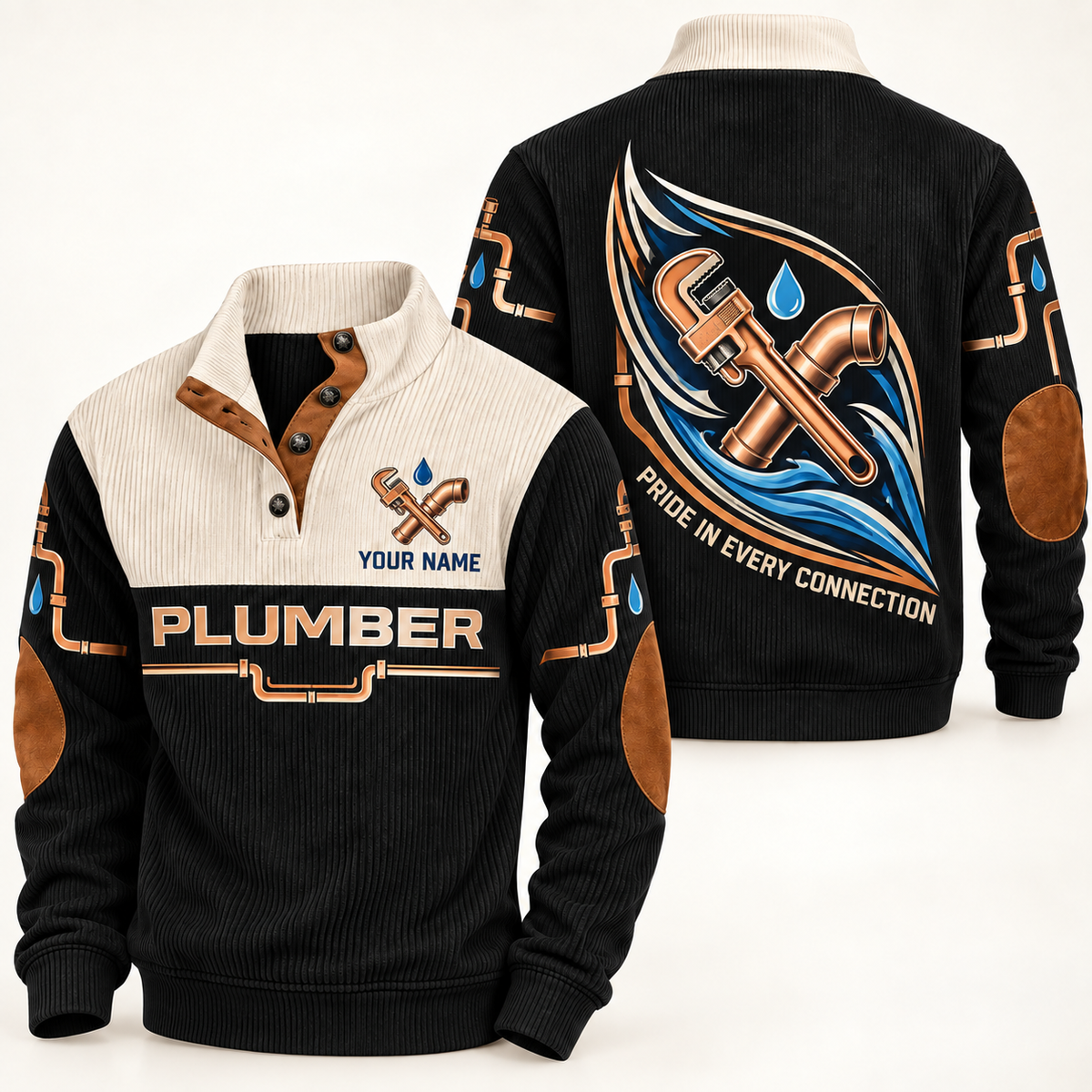 Personalized Plumber Sports Sweatshirt - Heritage Collar - Black