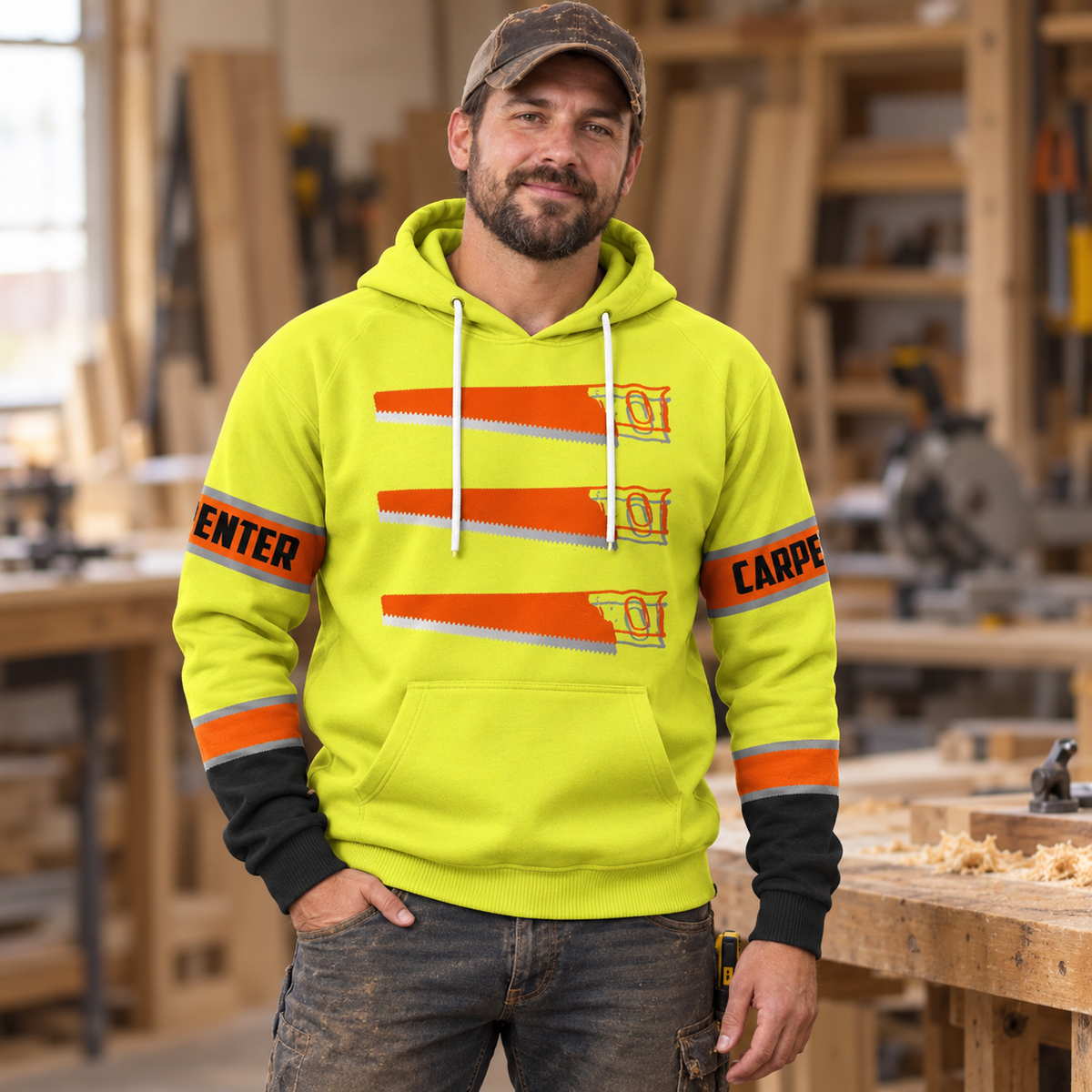 Personalized carpenter hoodie featuring yellow orange stripe carpenter print all-over print, worn by a model