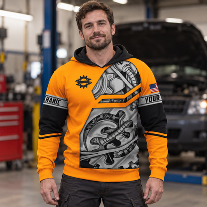 Personalized mechanic hoodie featuring orange gear and wrench all-over print, worn by a model