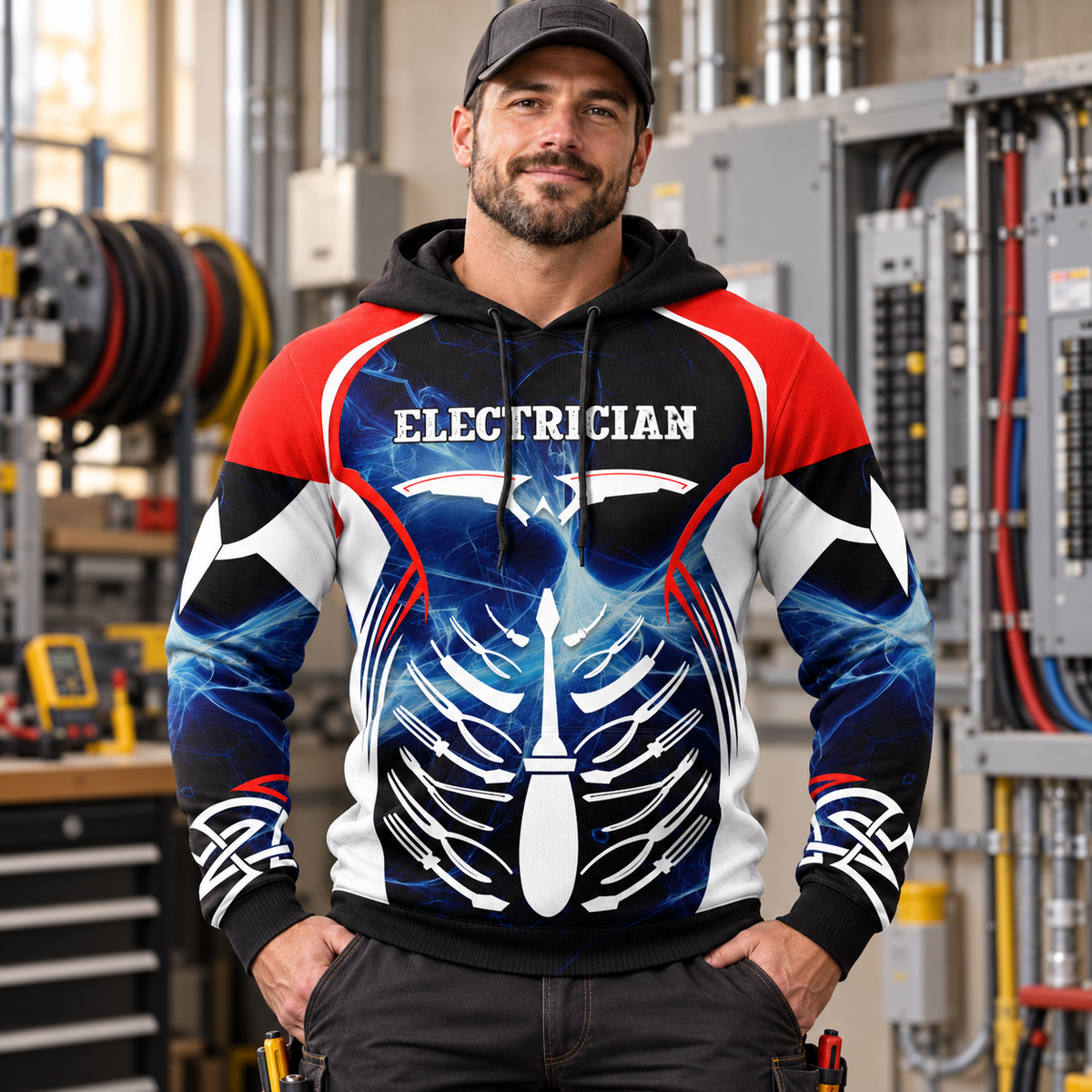 Personalized electrician hoodie featuring red white blue skeleton all-over print, worn by a model