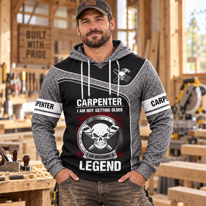 Personalized carpenter hoodie featuring becoming a legend all-over print, worn by a model