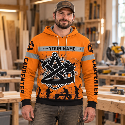 Personalized carpenter hoodie featuring orange carpenter tools badge all-over print, worn by a model