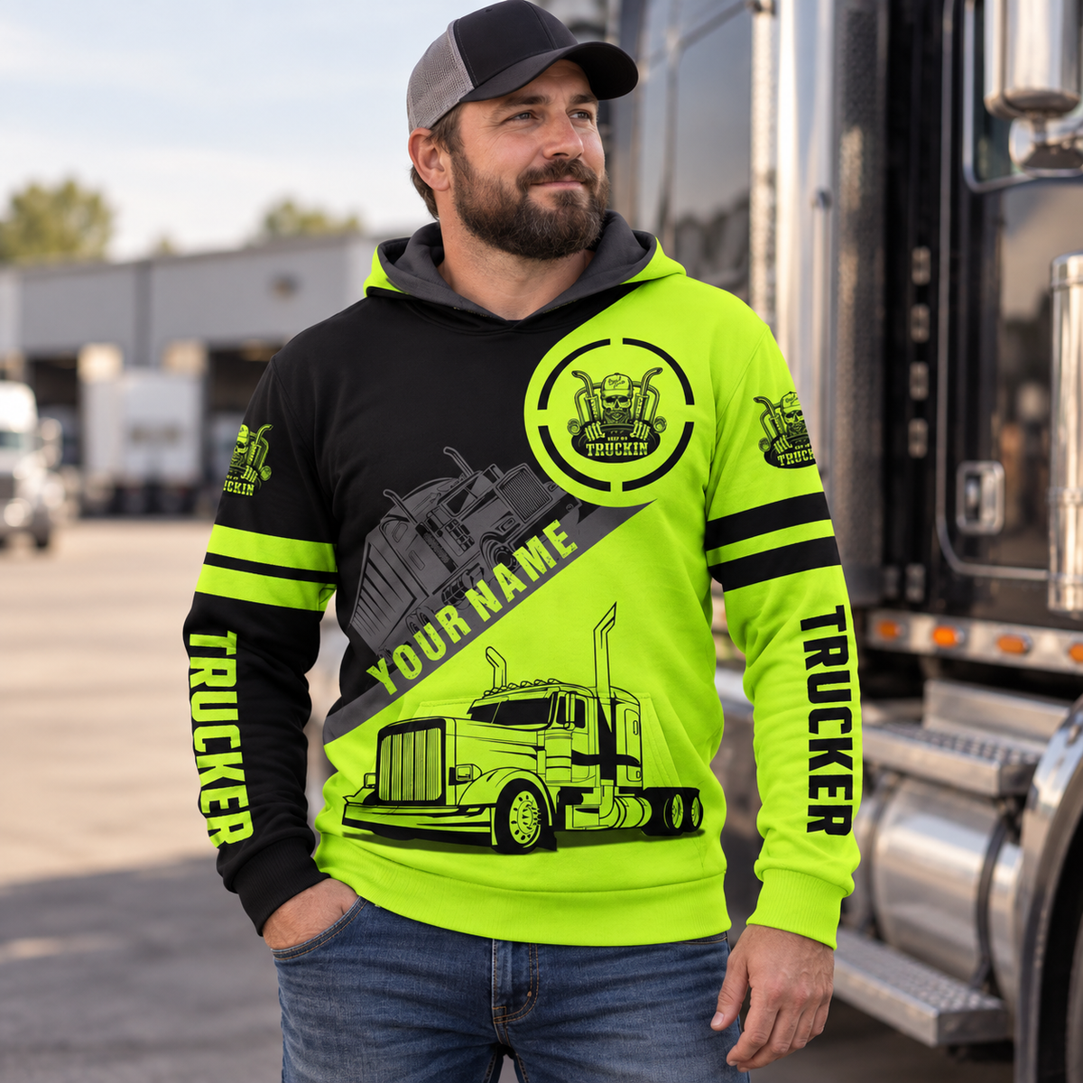 Personalized trucker hoodie featuring black neon yellow trucker badge all-over print, worn by a model