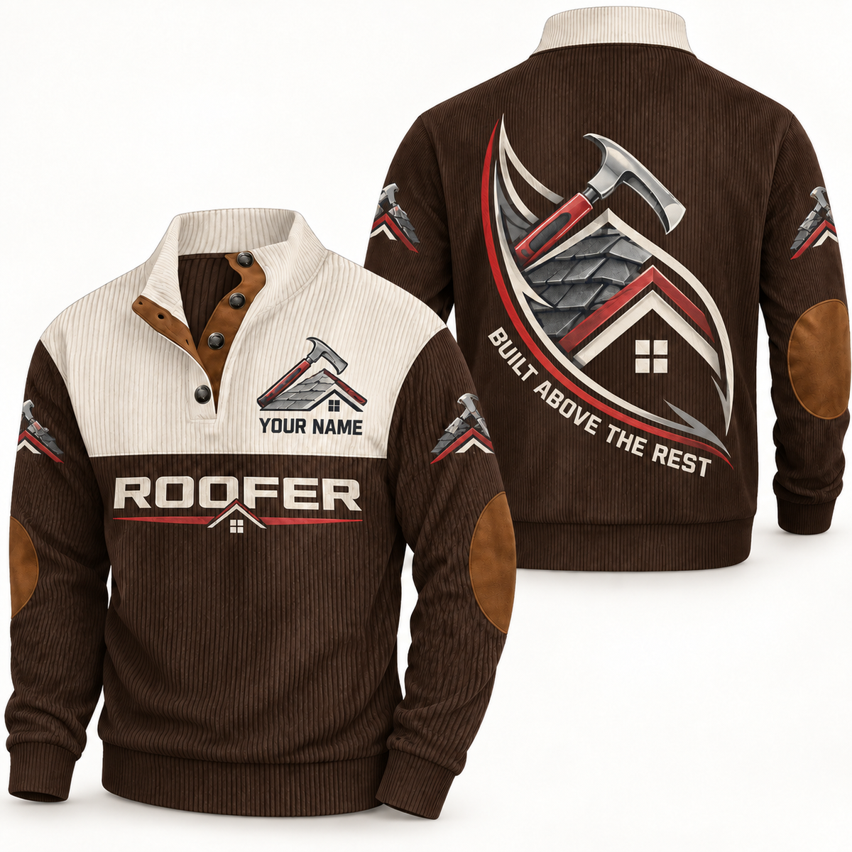 Personalized Roofer Sports Sweatshirt - Heritage Collar - Brown