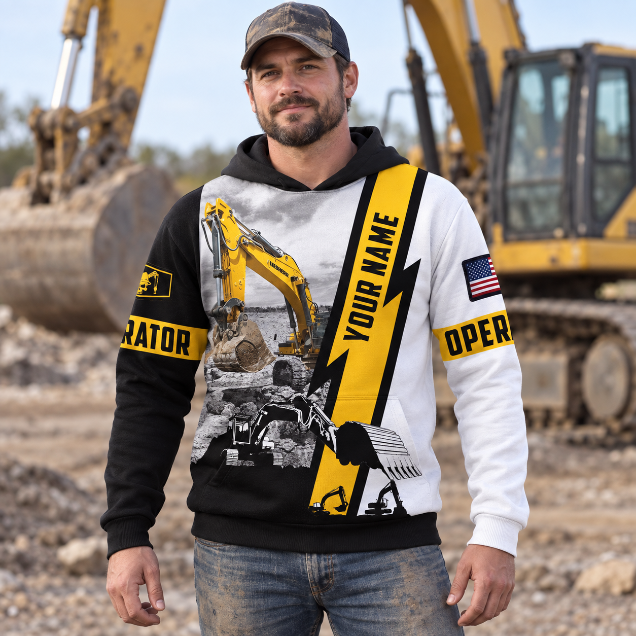 Personalized excavator operator hoodie featuring white black yellow excavator panel all-over print, worn by a model